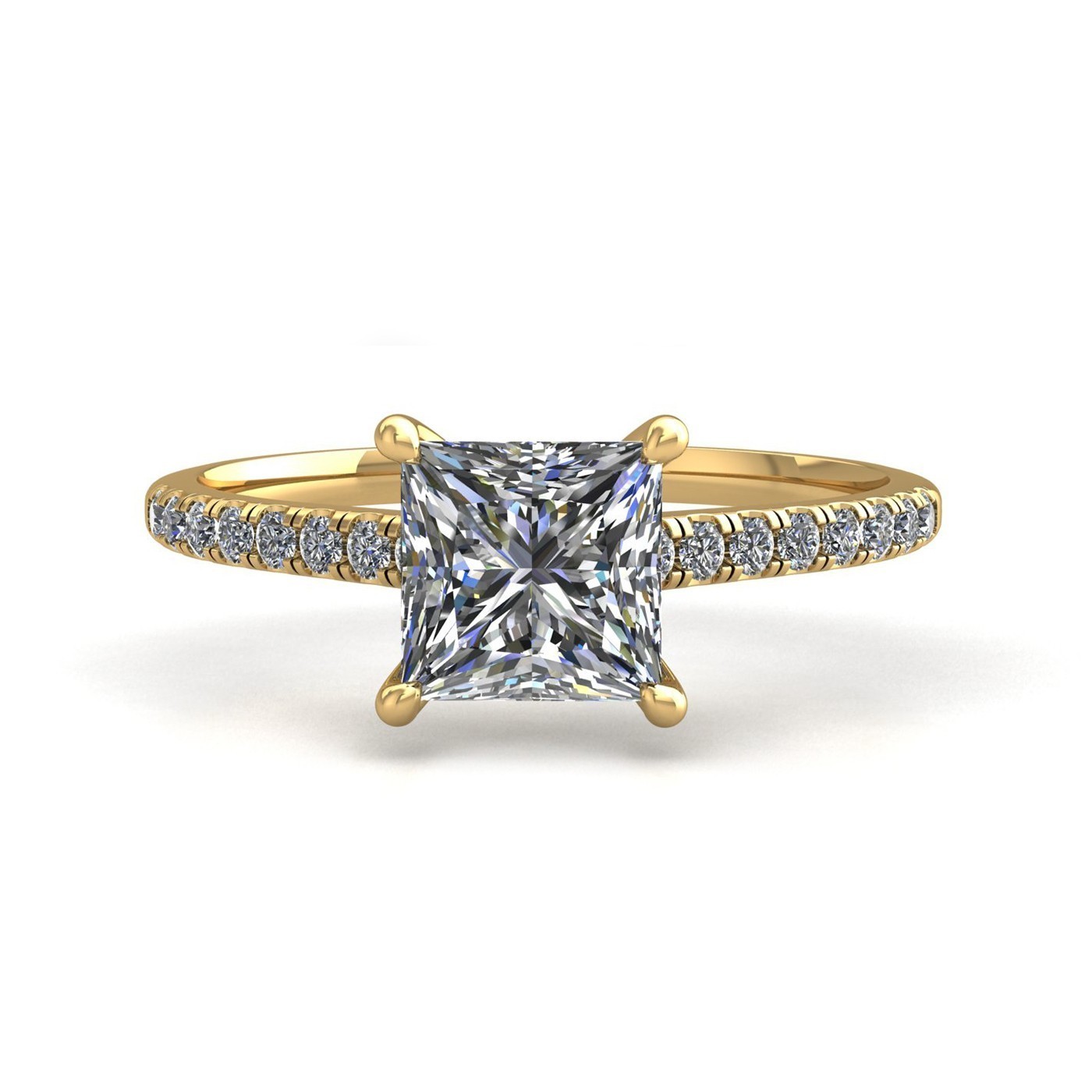 18K YELLOW GOLD 4 PRONGS PRINCESS CUT DIAMOND ENGAGEMENT RING WITH WHISPER THIN PAVÉ SET BAND
