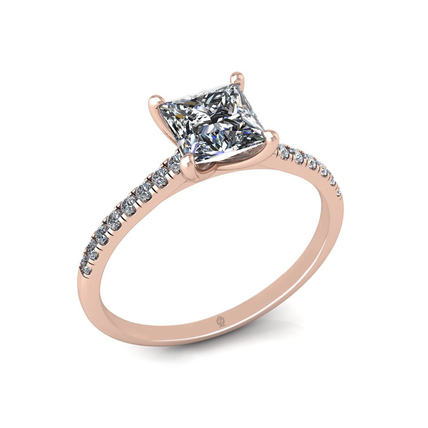 18K ROSE GOLD 4 PRONGS PRINCESS CUT DIAMOND ENGAGEMENT RING WITH WHISPER THIN PAVÉ SET BAND