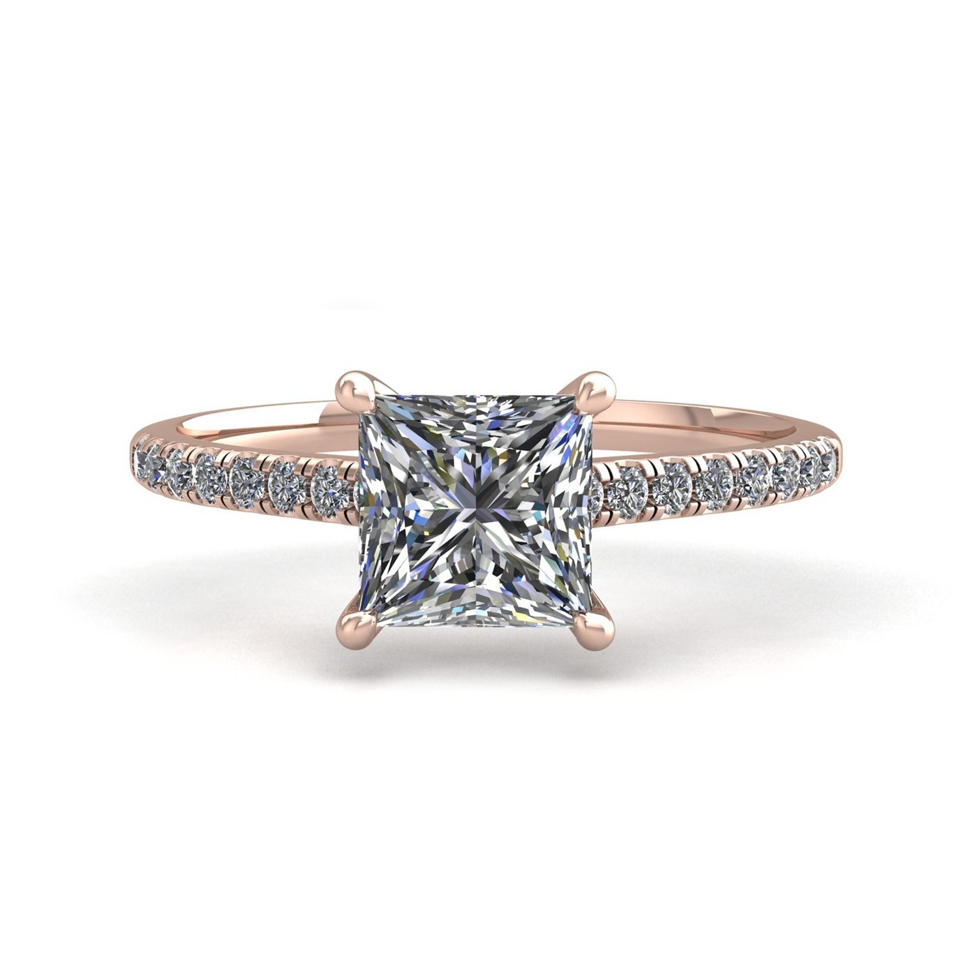 18K ROSE GOLD 4 PRONGS PRINCESS CUT DIAMOND ENGAGEMENT RING WITH WHISPER THIN PAVÉ SET BAND