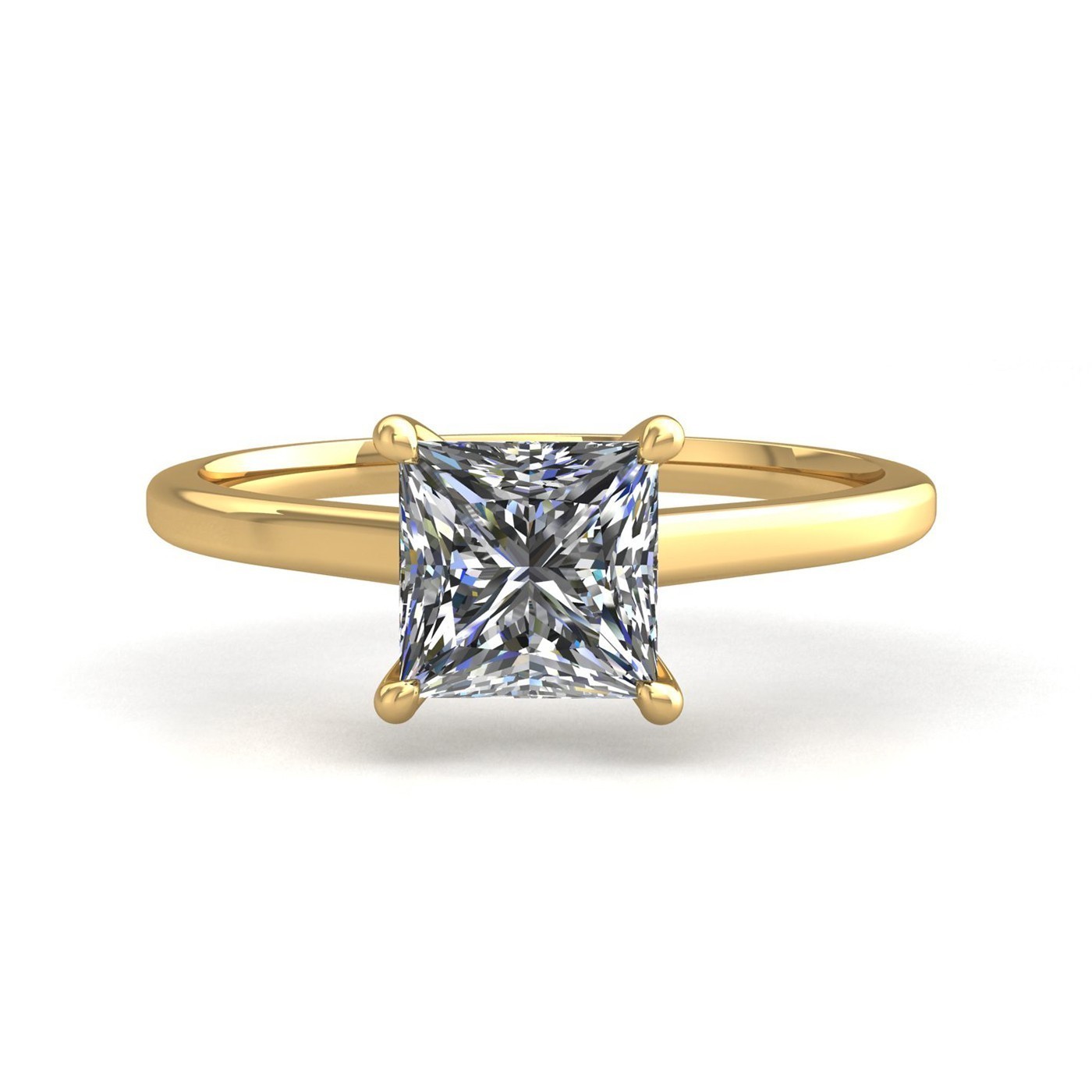 18K YELLOW GOLD 4 PRONGS SOLITAIRE PRINCESS CUT DIAMOND ENGAGEMENT RING WITH WHISPER THIN BAND