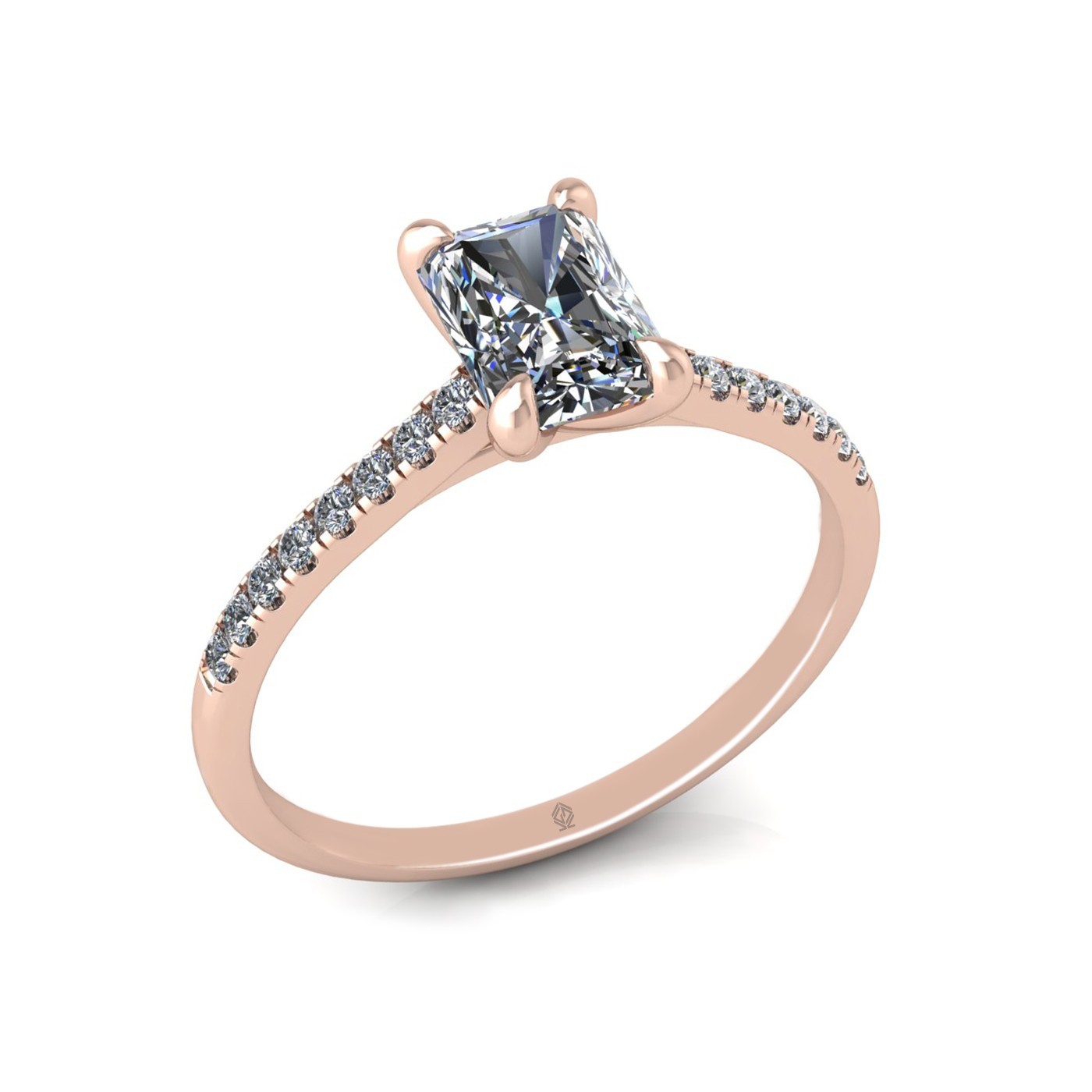 18K ROSE GOLD 4 PRONGS RADIANT CUT DIAMOND ENGAGEMENT RING WITH WHISPER THIN PAVÉ SET BAND