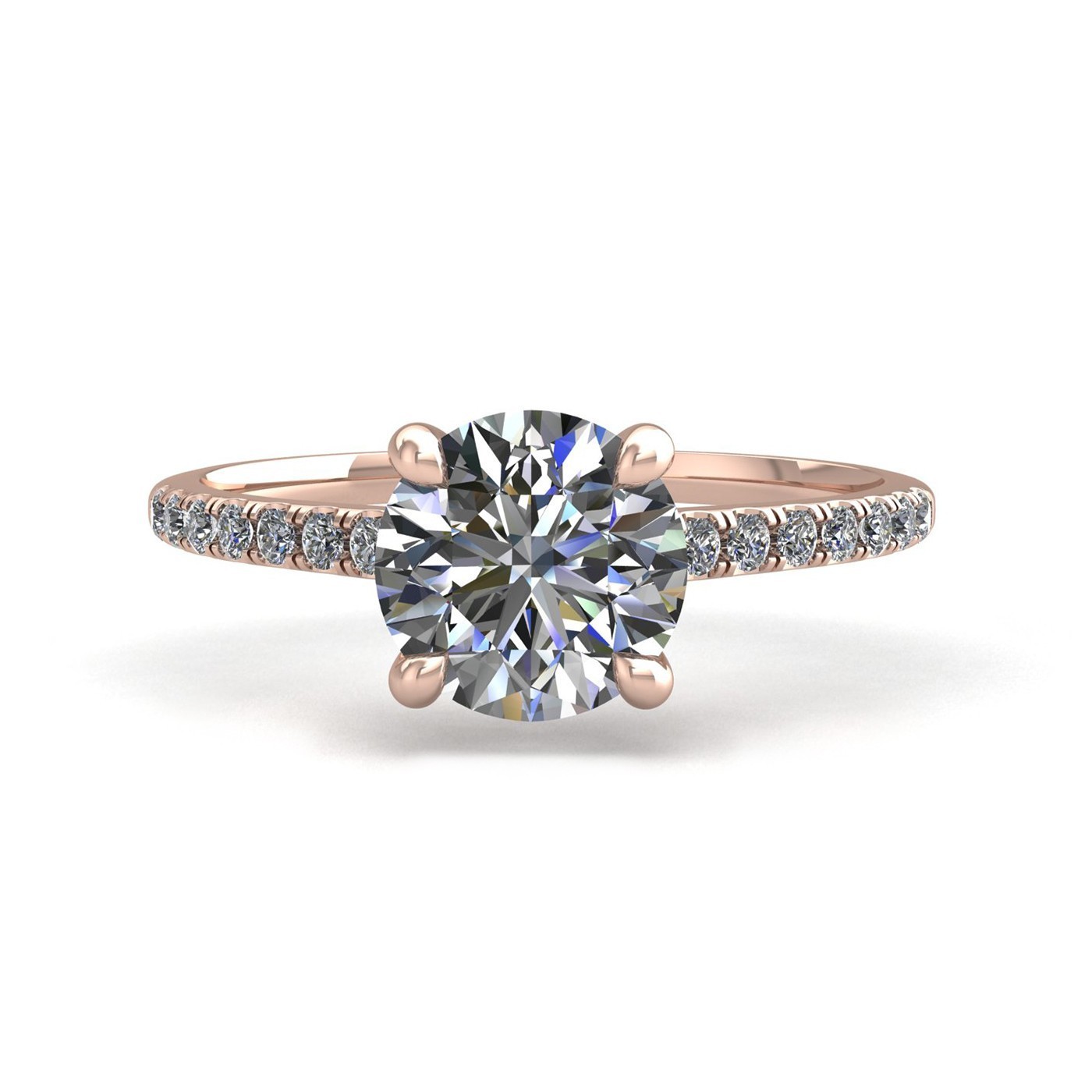 18K ROSE GOLD 4 PRONGS ROUND CUT DIAMOND ENGAGEMENT RING WITH WHISPER THIN PAVÉ SET BAND