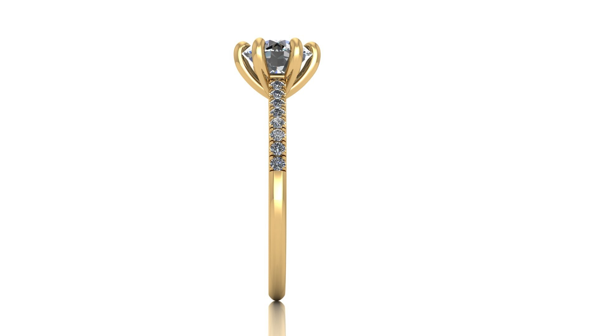 18K YELLOW GOLD 6 PRONGS ROUND CUT DIAMOND ENGAGEMENT RING WITH WHISPER THIN PAVÉ SET BAND