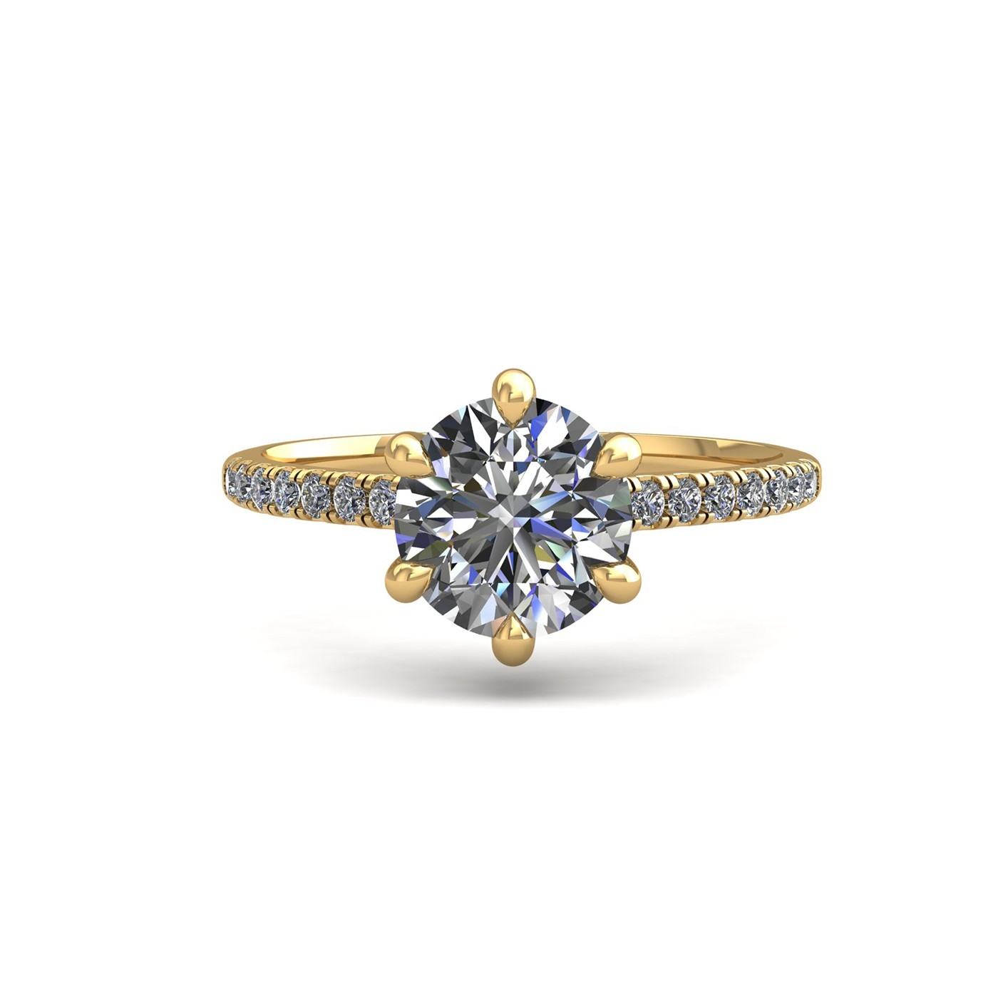 18K YELLOW GOLD 6 PRONGS ROUND CUT DIAMOND ENGAGEMENT RING WITH WHISPER THIN PAVÉ SET BAND