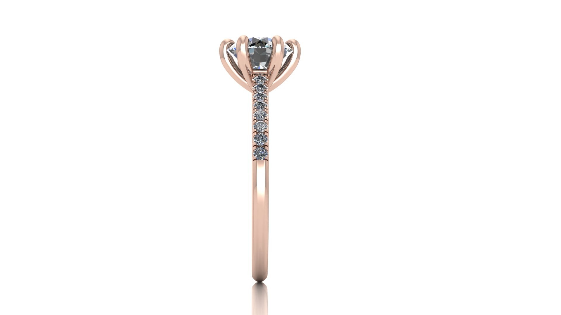 18K ROSE GOLD 6 PRONGS ROUND CUT DIAMOND ENGAGEMENT RING WITH WHISPER THIN PAVÉ SET BAND