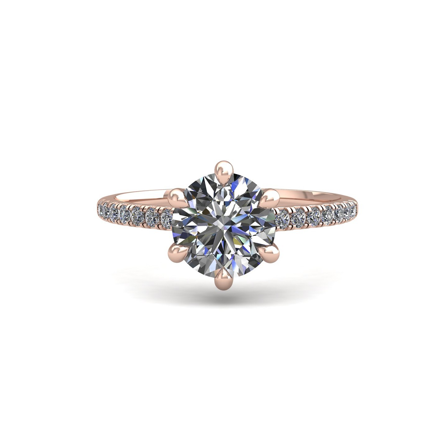 18K ROSE GOLD 6 PRONGS ROUND CUT DIAMOND ENGAGEMENT RING WITH WHISPER THIN PAVÉ SET BAND