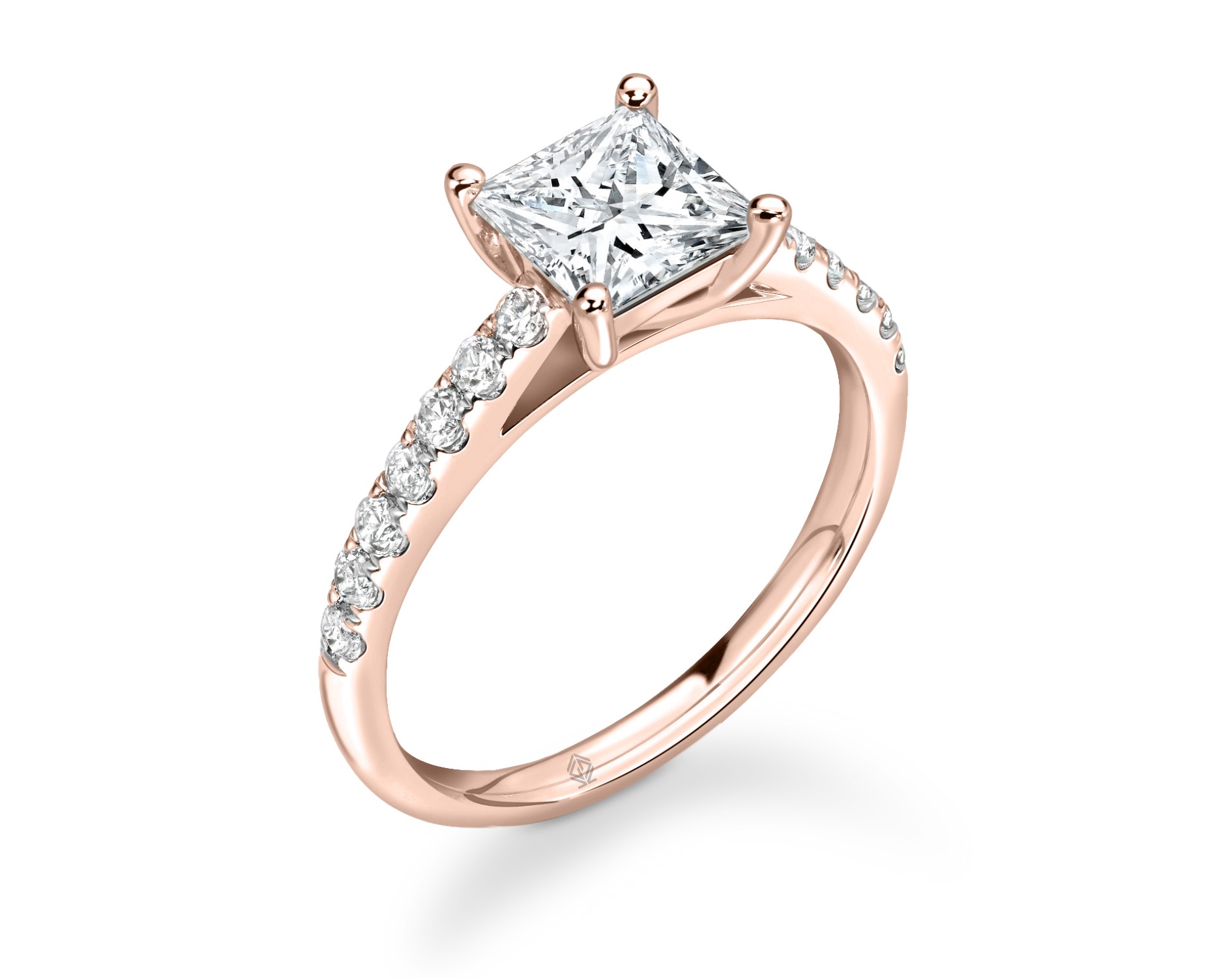 18K ROSE GOLD 4 PRONGS PRINCESS CUT DIAMOND ENGAGEMENT RING WITH SIDE STONES PAVE SET