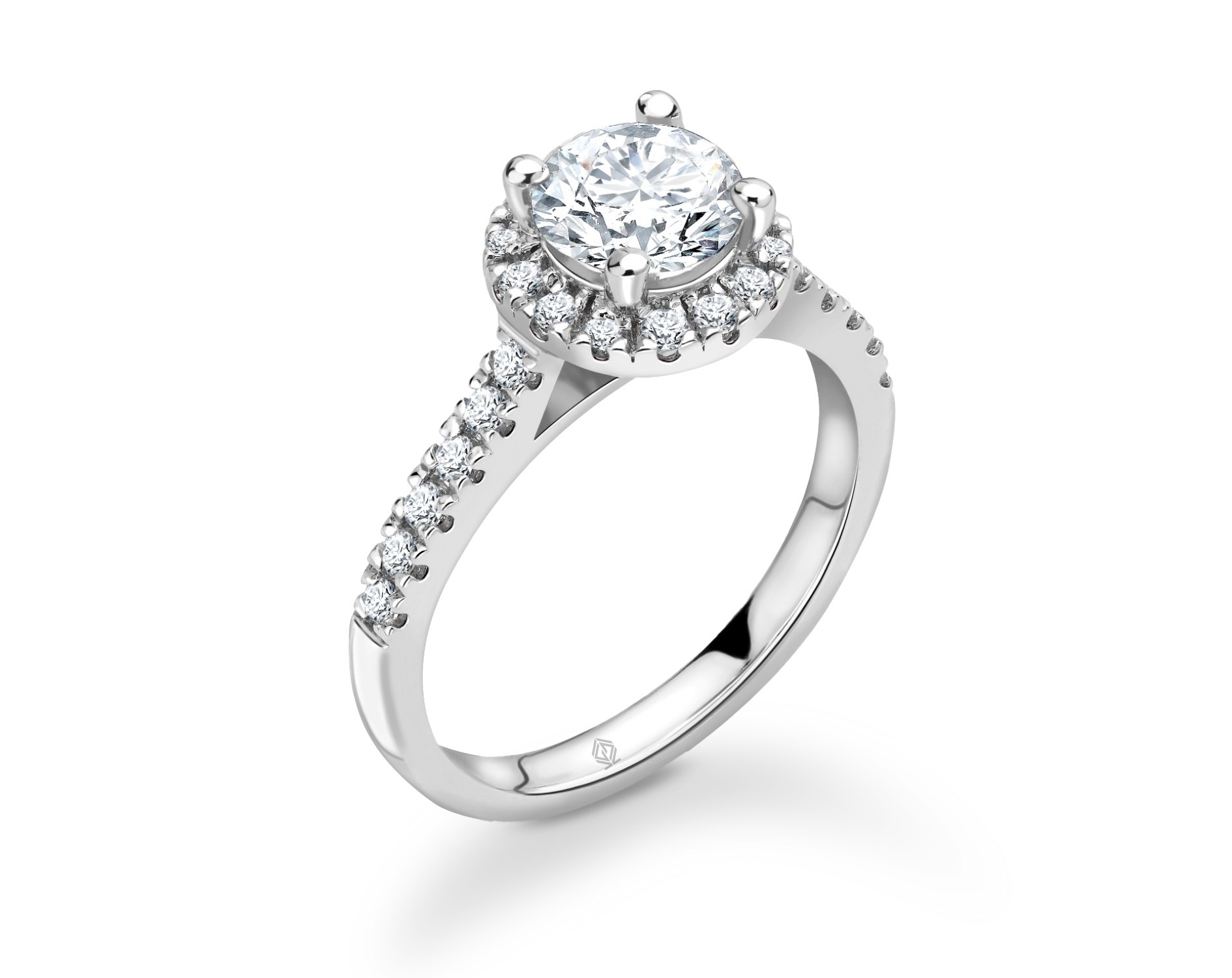 18K WHITE GOLD HALO ROUND CUT DIAMOND ENGAGEMENT RING WITH SIDE STONES PAVE SET