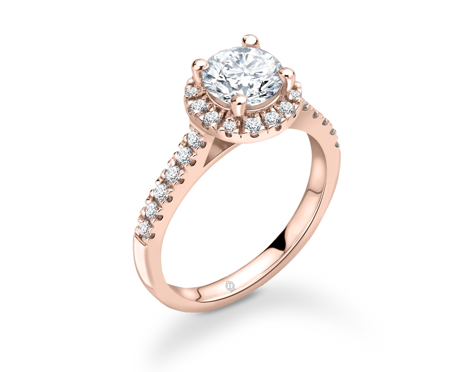 18K ROSE GOLD HALO ROUND CUT DIAMOND ENGAGEMENT RING WITH SIDE STONES PAVE SET