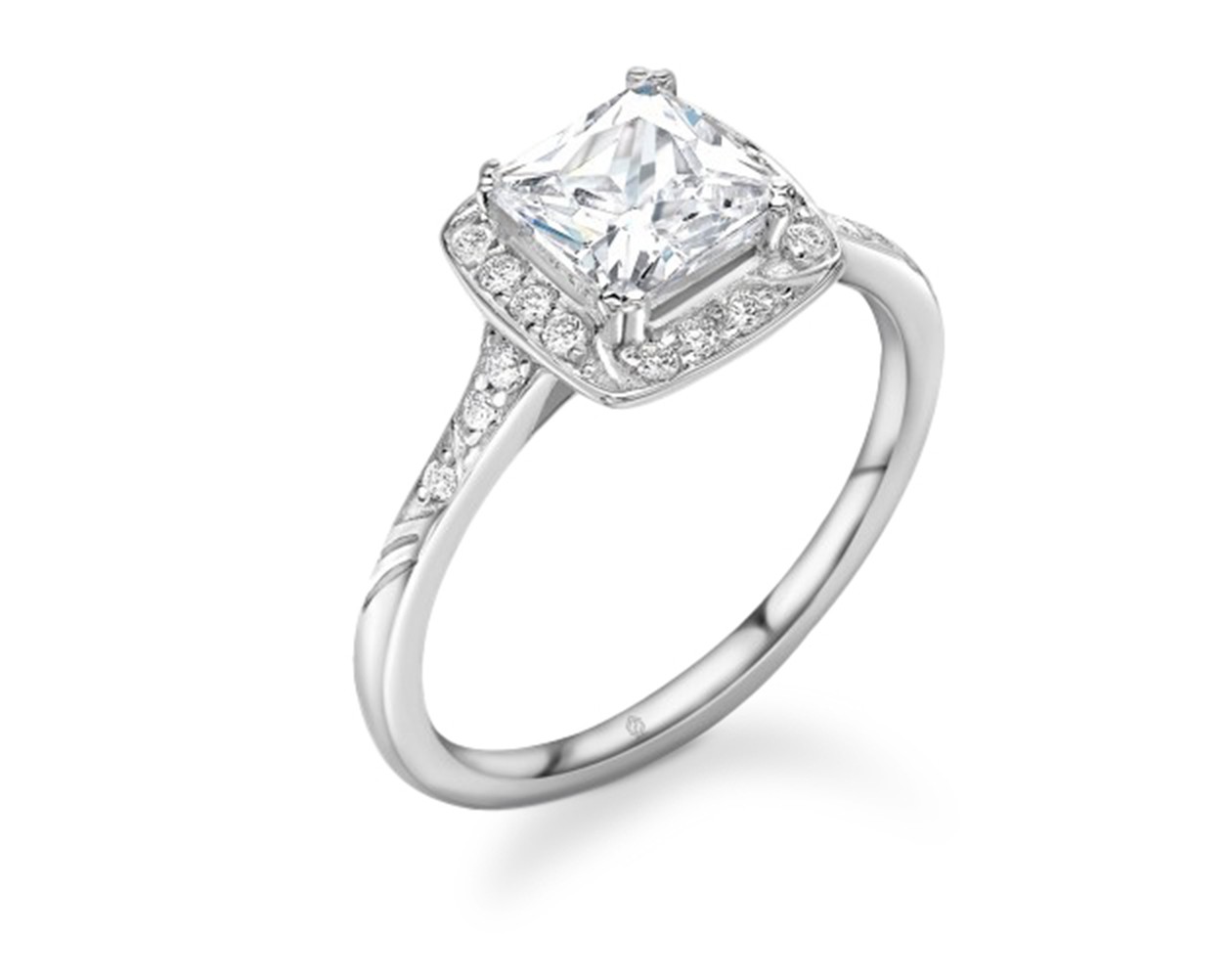 18K WHITE GOLD HALO SET PRINCESS CUT DIAMOND ENGAGEMENT RING WITH SIDE STONES CHANNEL SET